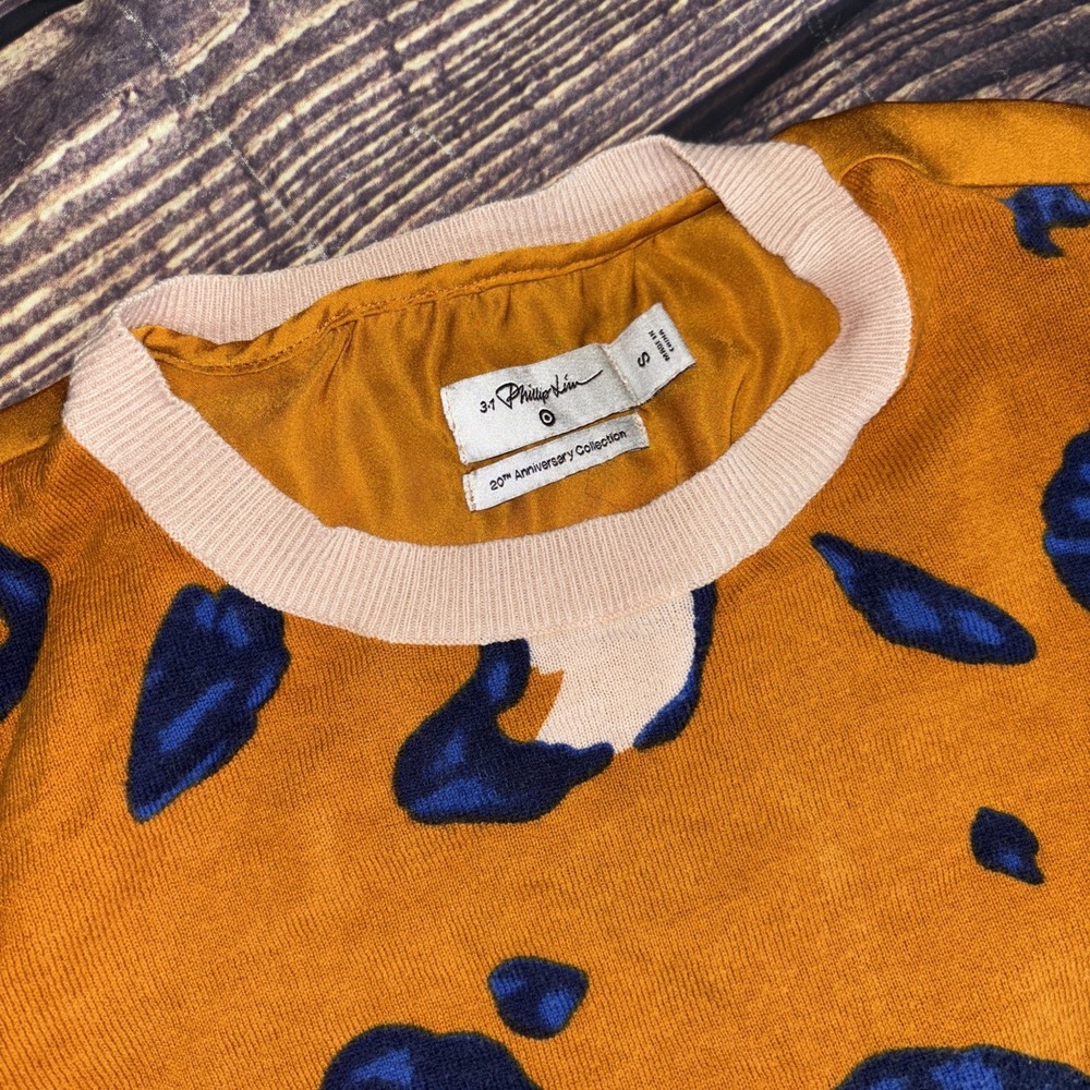 3.1PHILLIP LIM SWEATER SZ S MUSTARD PURPLE LEOPARD SPOTS PREPPY CHIC AESTHETIC - Picture 3 of 9